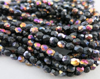 4mm Dark Embers Czech Beads, Faceted Etched Glass, Czech Glass, Strand of 50