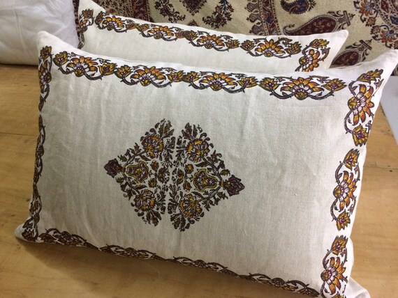 Set of two Handprinted Irish linen pillows , Linen pillows, natural linen bed pillows, block printed linen