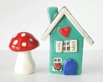 Mint Color Little Clay House | Mint colored with teal green Door | Ceramic Fairy House Gnome Home | Whimsical Terrarium Decoration