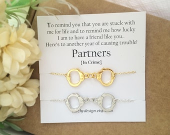 Best friend gift-Set of -2-Partners in crime bracelets,Handcuff bracelet,BFF,with Friendship Quote,Long Distance Friend,Christmas gift ideas