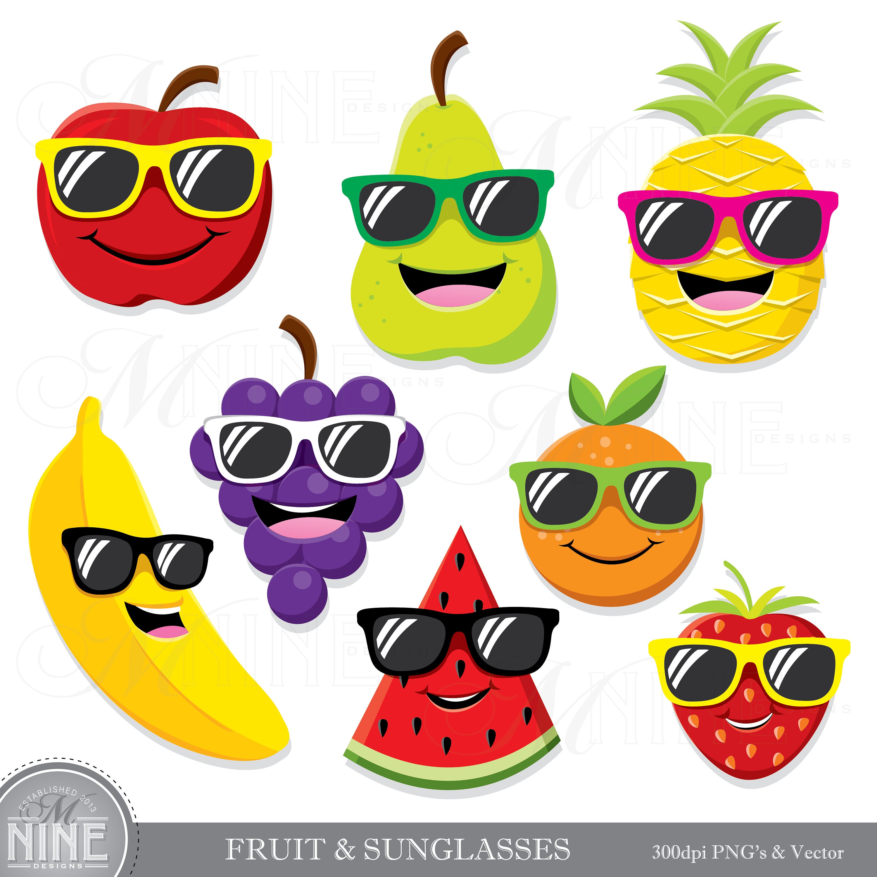 FRUIT with SUNGLASSES Clip Art / Fruit Clipart Downloads