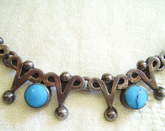 Vintage Old TAXCO Mexico 925 Sterling Silver TURQUOISE Art Deco 18"L NECKLACE 81 grams *Free Shipping*
