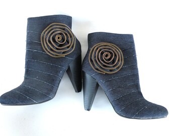 Ankle Boots Blue Jean- High Heel-Floral Zippers- Ladies Shoe Size 5 1-2