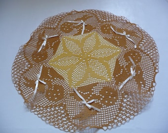 "Rabbits" crochet doily handmade cotton caramel and yellow.
