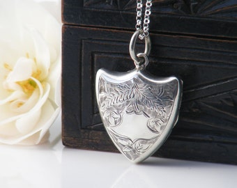 Antique Locket | 1902 Edwardian Shield Locket | Sterling Silver Locket | Silver Shield | English Hallmarks - 22 Inch Sterling Silver Chain