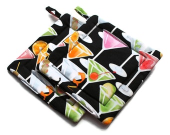 Handmade Quilted Pot Holders Martinis at Night set of 2 Potholders