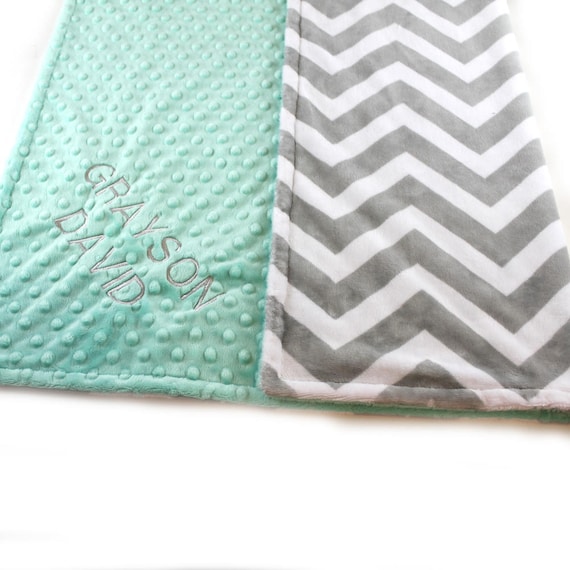 Chevron Baby Blanket Girl, Mint Gray Minky Personalized Baby Blanket, Name Baby Blanket, Receiving Blanket, Baby Girl, Baby shower gift