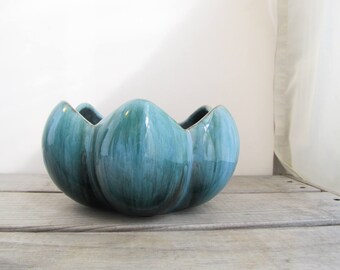 1970s Lotus pot, Blue mountain pottery succulent planter, BMP green blue drip glaze vase dish