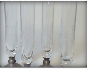 Vintage WEB Pewter Base Etched Glass Vases