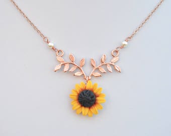 Red Yellow Sunflower and Leaf Branch Necklace. Leaf Branch and Flower Drop Necklace. Twig and Sunflower Necklace. ATHENA