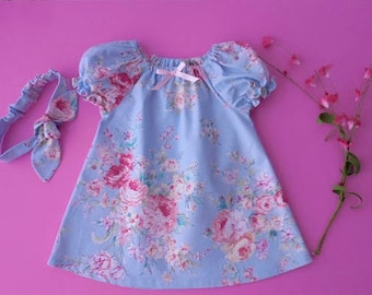 Girls and babies blue peasant style dress with pink flowers and matching top knot headband
