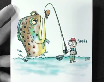 Bob Fly Fishing Cartoon Series Chicken Fly Art Print 5"x7"