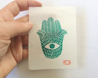 mini linocut - HAMSA // 3x4 art print // printmaking // block print // green // hand of fatima // original // small // miniature // eye