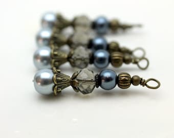 Vintage Style Gray Pearl and Crystal Bead Dangle Earring Charm Drop Set