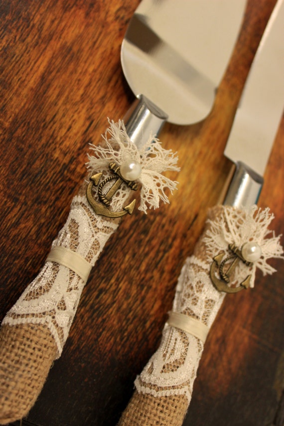 Nautical Anchor Wedding Cake Server and Knife Burlap &amp; Lace