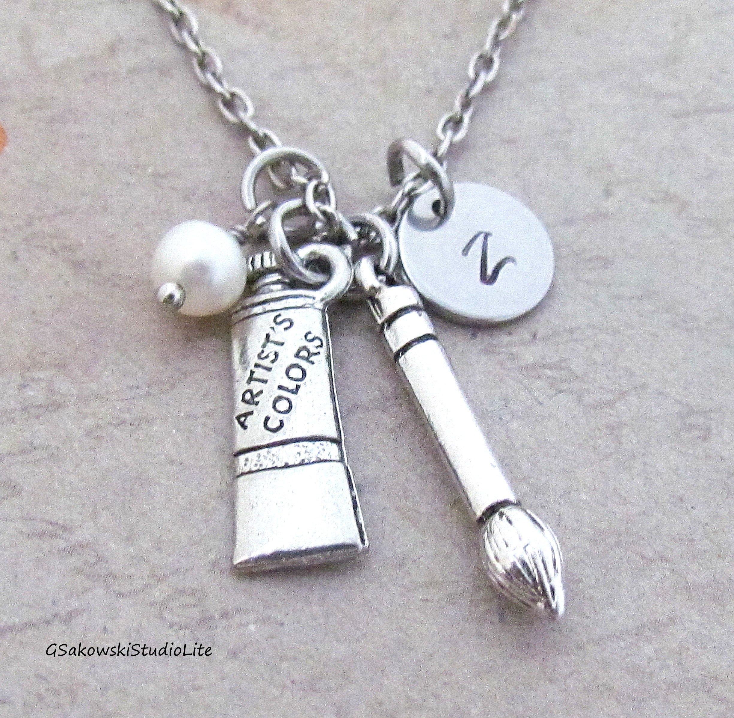 Artist Paint Brush and Artist Colors Charm Necklace