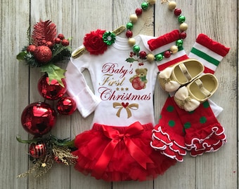 Baby Girl First Christmas Outfit - My First Christmas - Baby Girl Christmas Photos - Baby’s 1st Christmas - Chunky Christmas Necklace