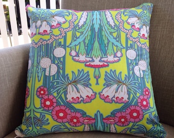 Amy Butler Soul Blossoms "Fuschia Tree" in chartreuse 45cm square cushion cover with EST French linen backing