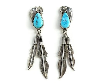 Vintage Navajo Morenci Turquoise Pierced Earrings Sterling Silver Feather Dangles Native American