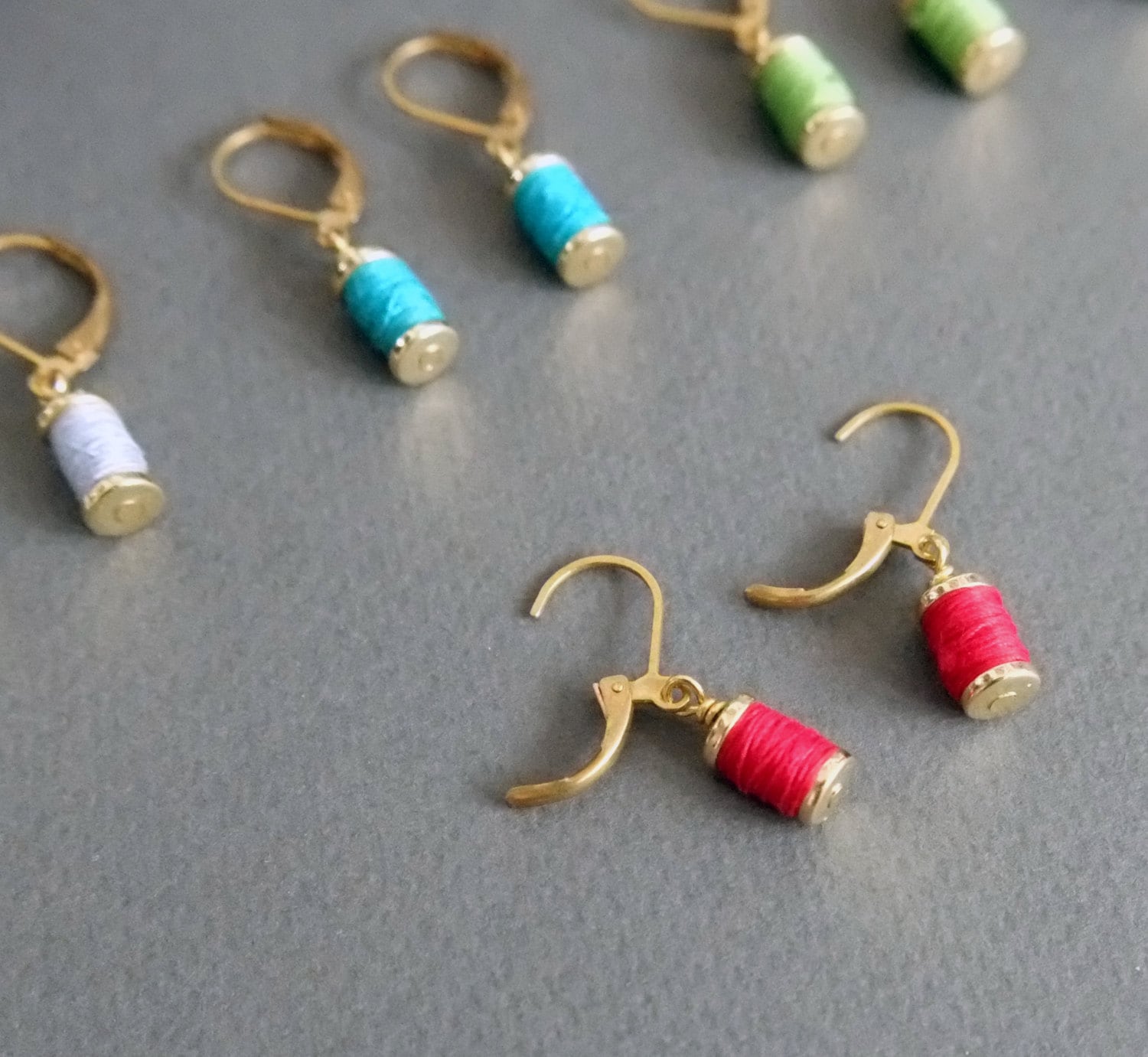 Miniature solid Brass mini spool or bobbin charm earrings