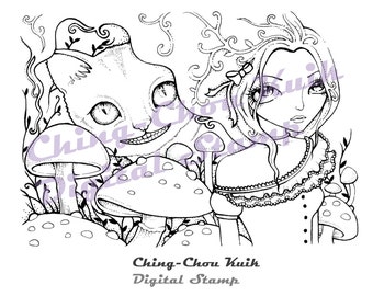 Cheshire cat illusion - Instant Download / Alice in Wonderland Animal Mushroom Fantasy Fairy Girl Art by Ching-Chou Kuik