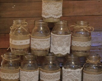 10 Burlap Mason Jar Sleeves, DIY Wedding Decorations, Rustic Wedding Decorations, Burlap and Lace