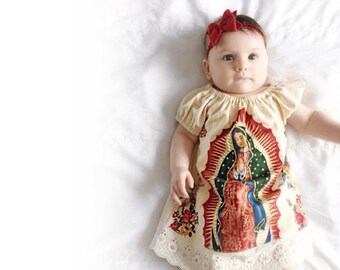 Mexican Our lady of Guadalupe baby dress in Black or Cream sizes Newborn to 24 months