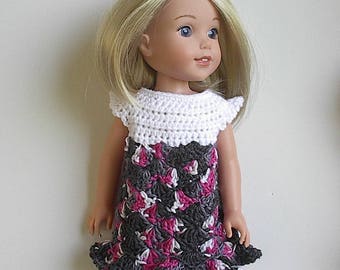 14.5" Doll Clothes Crocheted Multiicolor Dress Handmade to fit Wellie Wishers doll and other dolls - White with Pink Grey BLack