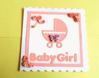 New baby card, new baby girl card, baby card, new baby girl, new baby, baby shower card, handmade card, quilled card, new arrival card