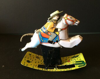 Vintage Toy, Tin Toy, Wind Up Toy, Rocking Horse, Cowboy - 1970