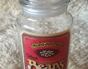 Vintage Aunt Jenny's Beans Glass Canister 1980