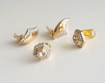 2 pairs Gold Tone Rhinestone Clips Earrings, vintage Italian quality, earrings for bride