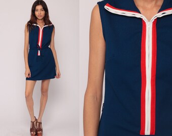 60s Mod Mini Dress 1960s Dress Sleeveless Shift Space Age Dress Navy Red White Blue Vintage FRONT ZIP Up Sixties Minidress Gogo Medium