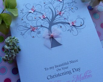 Handmade Personalised Christening / Naming or Baptism Day Card Butterfly Tree