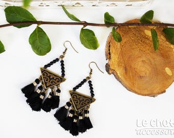 Dangle earrings, Tassel earrings, Bohemian earrings, Gypsy earrings, Gift for her, Black earrings, Ethnik earrings, Statement earrings