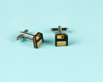 WOODEN CUFFLINKS for men, laser cut: FLOPPYDISK