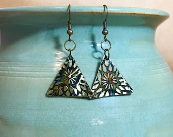 Etched brass triangle earrings