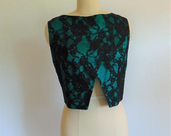60s green satin and black lace CROPPED TOP size medium