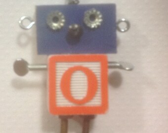 Mini Bot, letter "O", mixed media robot sculpture