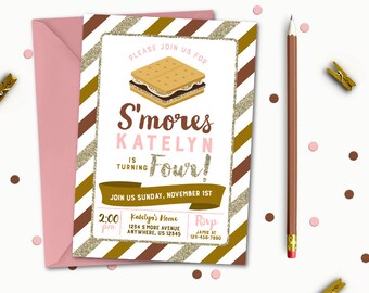 Smore Birthday Invitation, S'more Birthday Invitation, S'more Birthday Party, S'mores, Smore Invitation, Gold Glitter, Camping, Bonfire