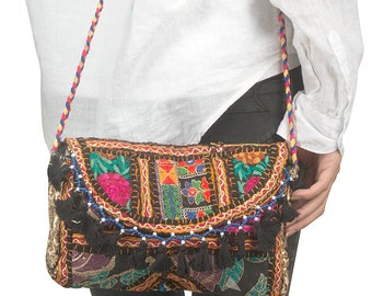 Satchel Bag, Small Black Purse, Crossbody Bag, Small Shoulder Bag, Hippie Bag, Boho Bag, Embroidered Bag