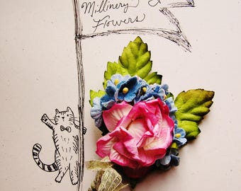 Bon Bon Pink ombre blue forget me nots Rose Mixed bunch Vintage style Millinery Flower spray Bouquet corsage
