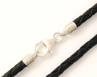 3mm Black Braided Bolo Leather Cord Necklace Silver Clasp 14" inches - 36" inches Silver Clasp, You choose length. LCB0300BLKS