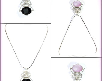 Vintage Spinner Pendant Sterling Silver Black Onyx Mother of Pearl Two Sided Necklace Pendant Black and Pink Stone and Shell 925 Pendant