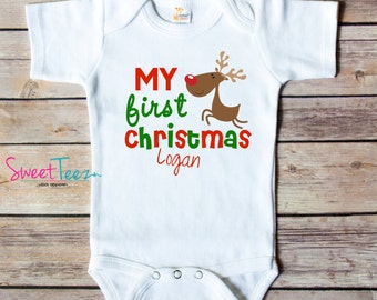 My First Christmas Shirt Reindeer Baby Bodysuit Personalized