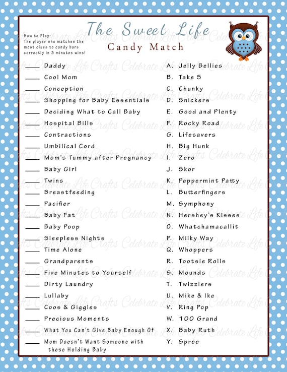 Baby Shower Sweet Life Candy Bar Match Game Printable Baby