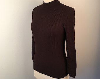 Dark Brown Tight Ribbed Mock Turtleneck Ship n Shore Long Sleeve Top 70s Vintage Knit Pullover Small to Medium Stretchy Zip Back