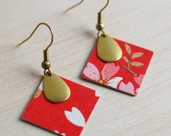 Japanese round earrings with red cherry blossoms