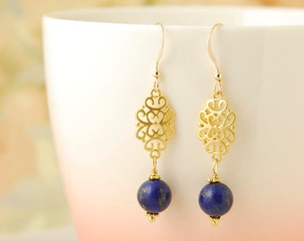 Lapis Lazuli Earrings Gold Filigree Earrings Blue Lapis Earrings Gemstone Dangle Earrings Lapis Lazuli Jewelry Gift For Her