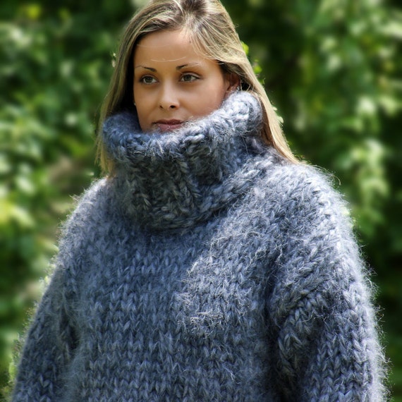 10 strands Hand Knit Mohair Sweater Gray Mix Thick Turtleneck